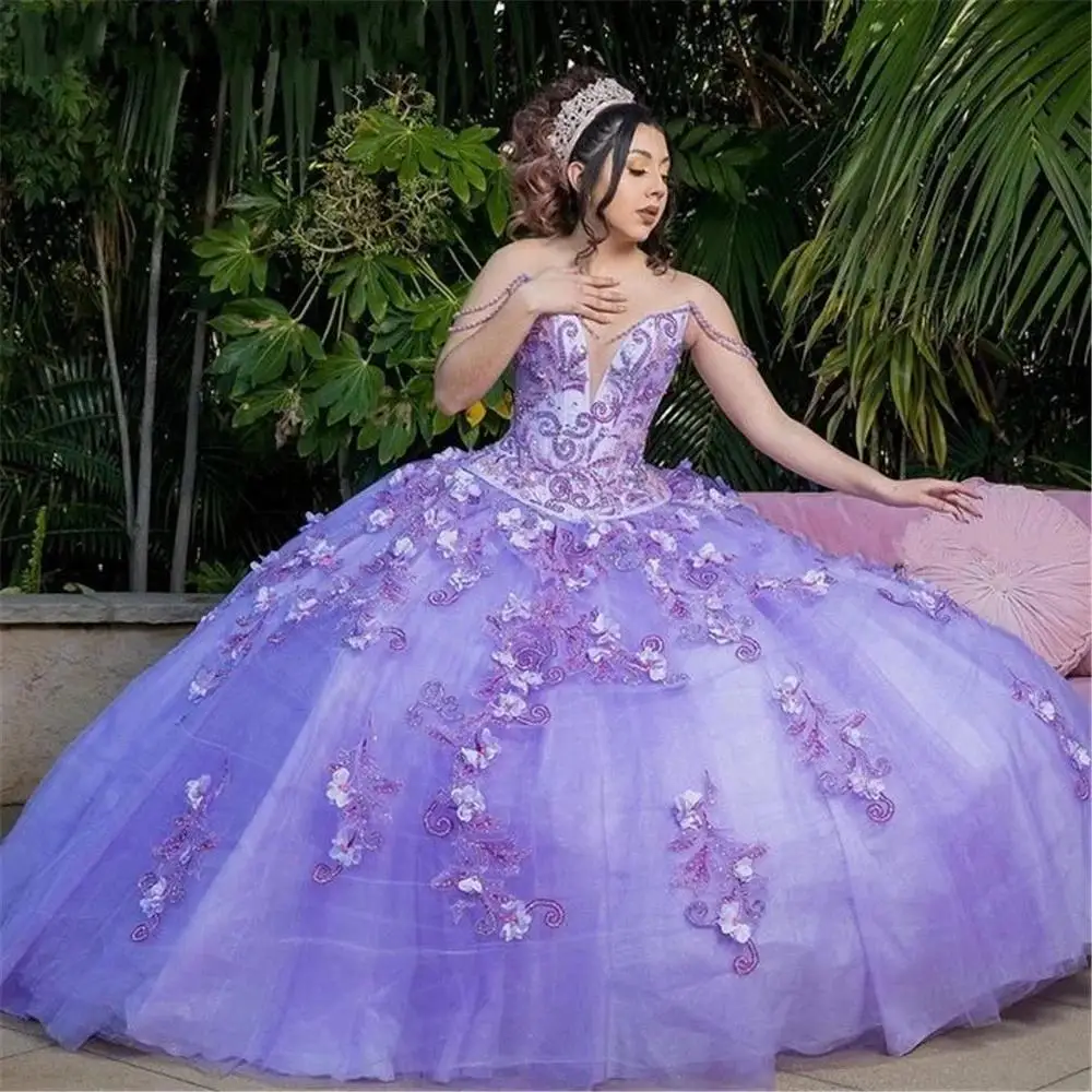 Vestido De quinceañera floral 3D lavanda con capa, corsé con apliques De encaje y cuentas, falda hinchada De 15 años, dulce Vestido De 16