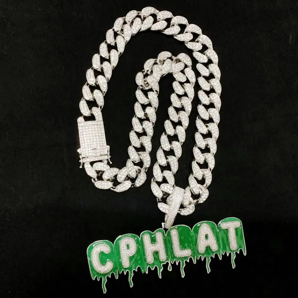 Custom Name Green Epoxy Crushing Bubble Dripping Letter Chain Necklaces & Pendant Zircon Men's Hip Hop Jewelry