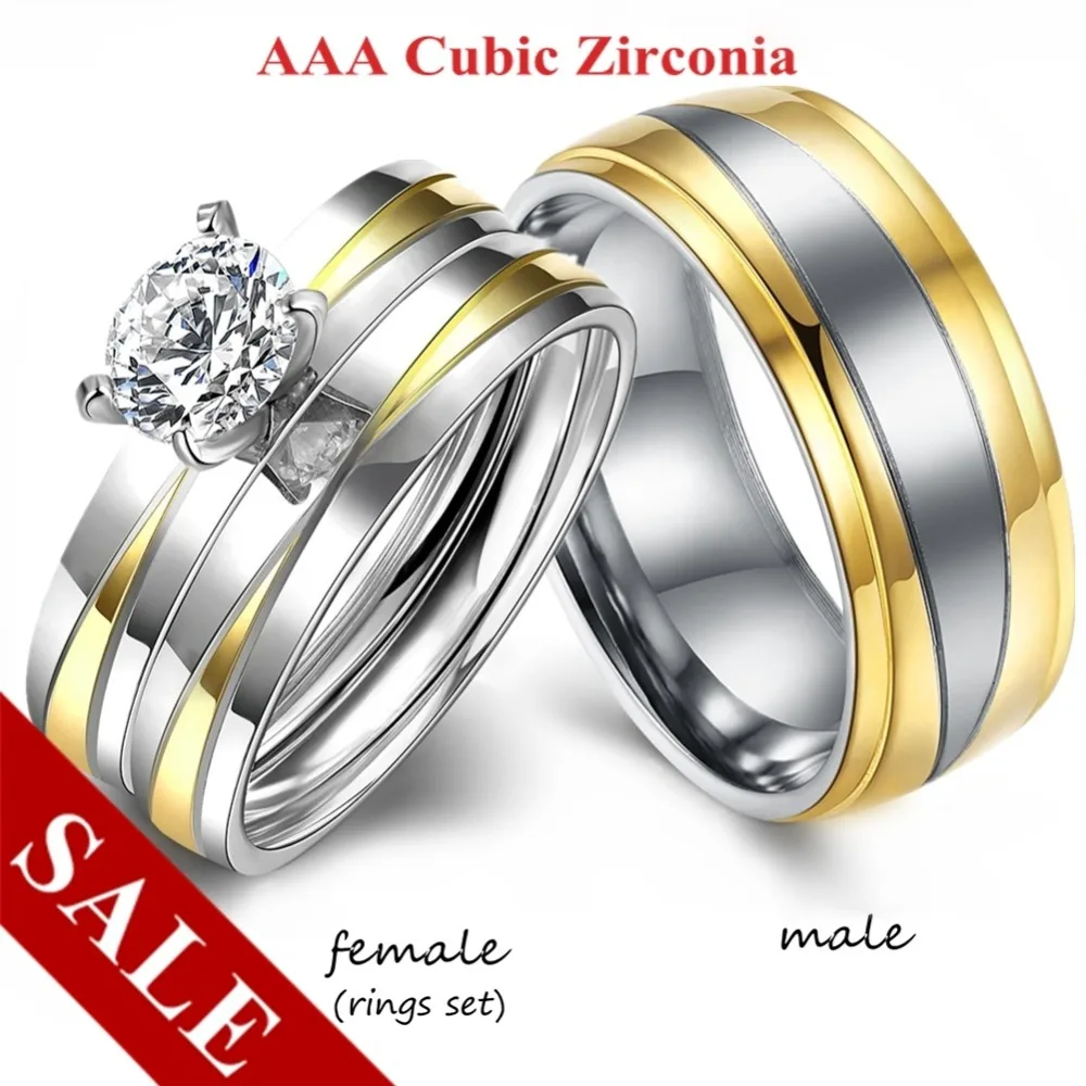 Fashion Couple Rings Women White Crystal Rhinestones Rings Set Men Stainless Steel Rings Wedding Band Jewelry Gifts For Lover