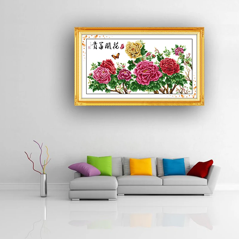 GG Fortune Comes with Blooming Flowers Chinese Flowers Needlework Cross Stitch Kits for Embroidery Home Decor Cross-stitch Set