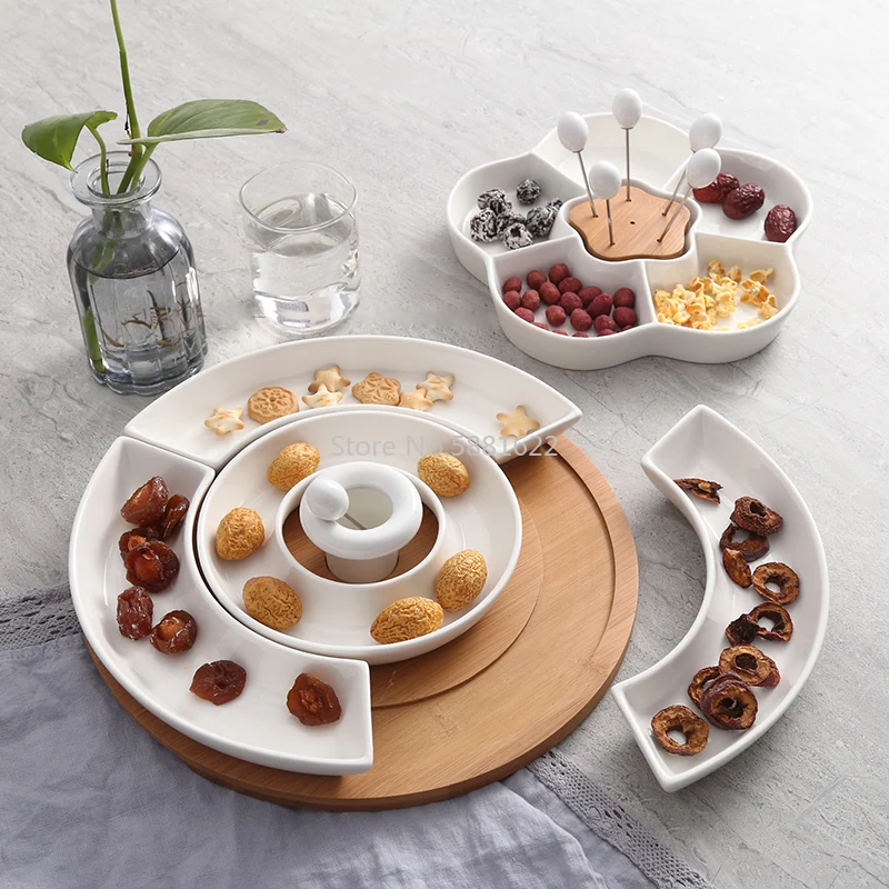 Hotel Restaurant Five Grid Ceramic Dish Solid Color Platter Snack Platter Partition Plate Creative Wooden Plate