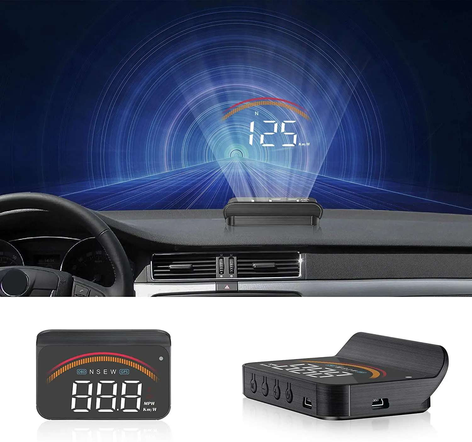 

On board HD display HUD GPS dual USB, with alarm system and safety digital windshield projector, suitable for all vehicles