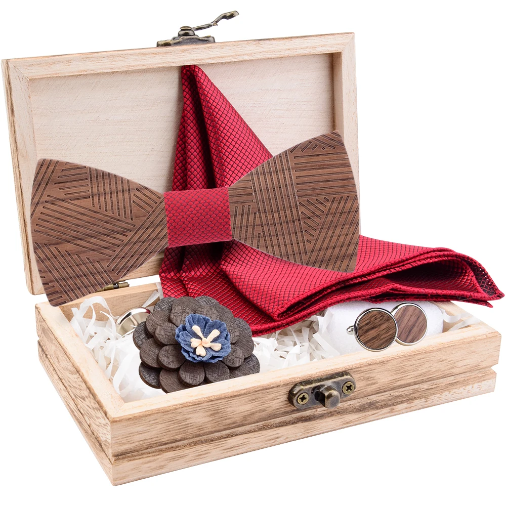 2020 Men's Plaid Wooden Bow Tie Set Striped Wood Bowtie Pocket Square Cufflinks Booch Sets With Wood Box For Men Wedding Gifts