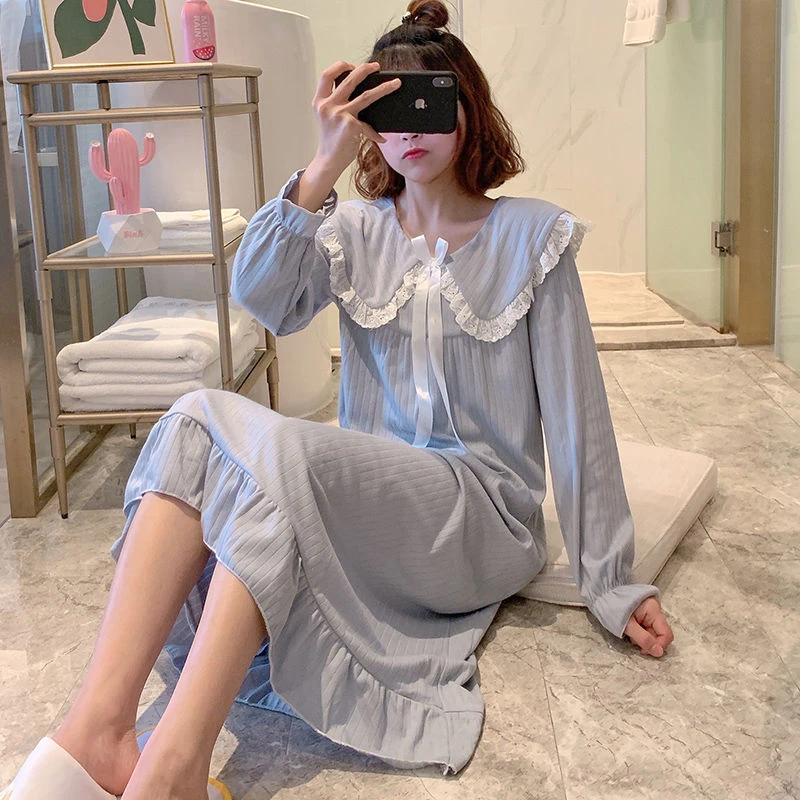 Nightgowns Women Tender Elegant Popular Casual Long Sleeve Nightdress 6 Colors Loose Ruffles Modern Patchwork Bow Sleepwear Soft