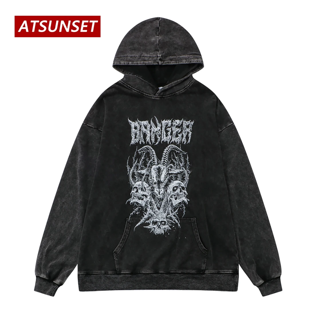 

ATSUNSET Skull Sheep Head Print Sweatshirt Autumn Cotton Pullover Hip Hop Street Retro Style Round Neck Pocket Hoodie Tops