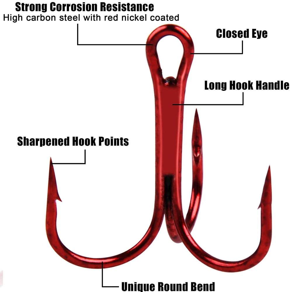 50Pcs Fishing Hooks High Carbon Steel Treble Hook Strong Sharp Round Bend Triple Hooks For Freshwater Saltwater Fishing