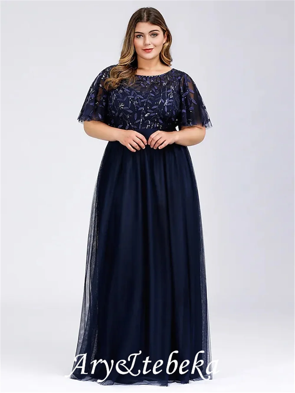 A-Line Plus Size Prom abito da sera formale gioiello collo manica corta lunghezza pavimento pizzo Chiffon con applicazioni 2022