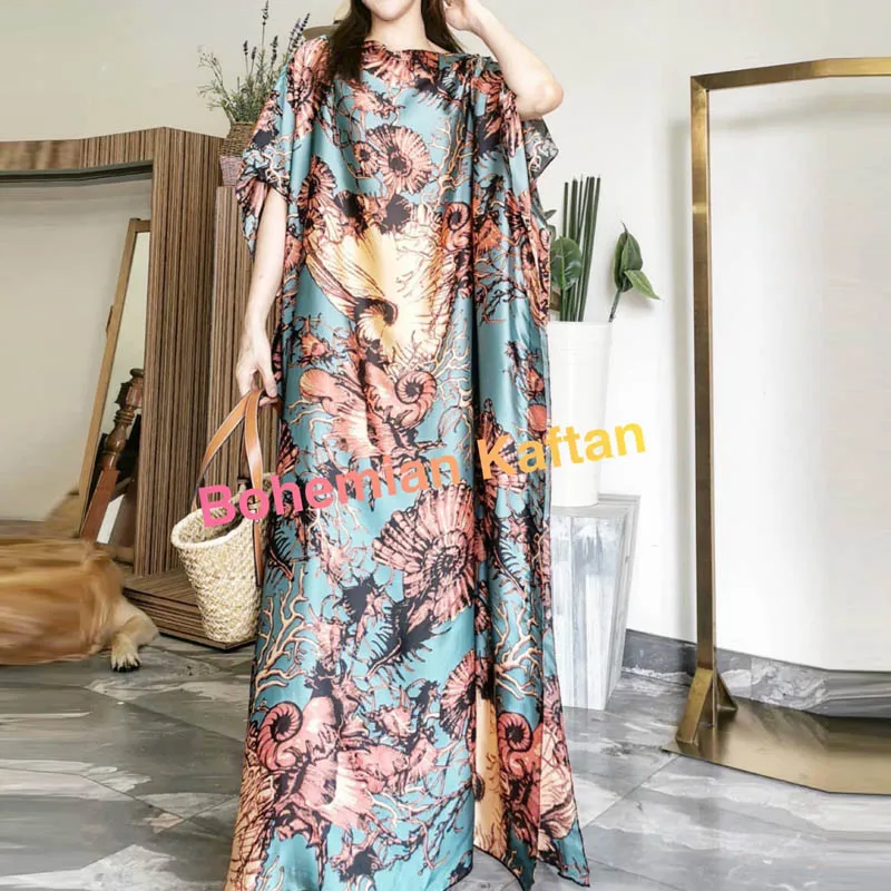 kuwait Fashion Blogger  recommend popular printed silk kaftan maxi dresses loose summer beach bohemian long dress for lady