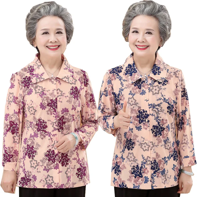 Middle-aged Elderly Women\'s Shirts 2022 New Spring Summer Autumn Long Sleeve Printed Shirts Blouse Loose Casual Female Tops 5XL