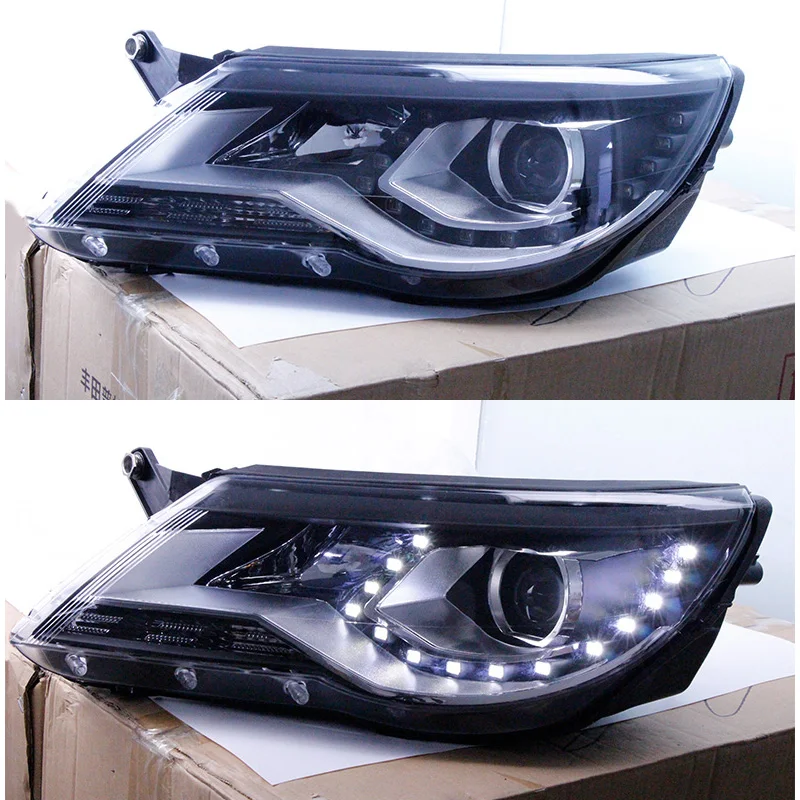 Untuk VW Lampu Depan Tiguan 2013-2017 Lampu Depan LED Tiguan Lampu Kepala Tersembunyi Aksesori Lampu Sorot Bi Xenon Mata Malaikat