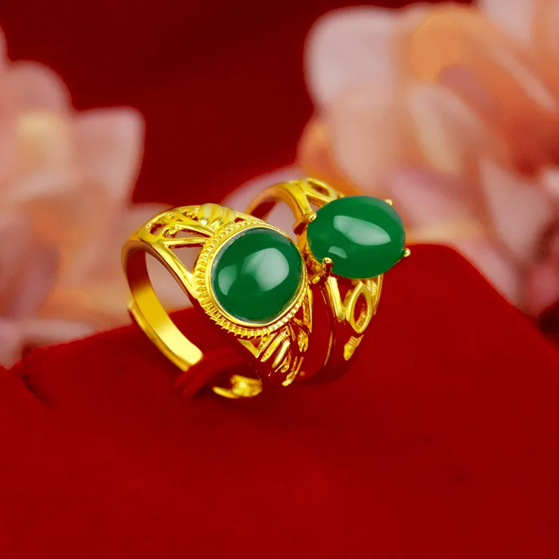 

Fashion 14k Yellow Gold Ring for Women Green Emerald Gemstone Adjustable Wedding Anniversary Ring With Big Stone Jade Jewelry