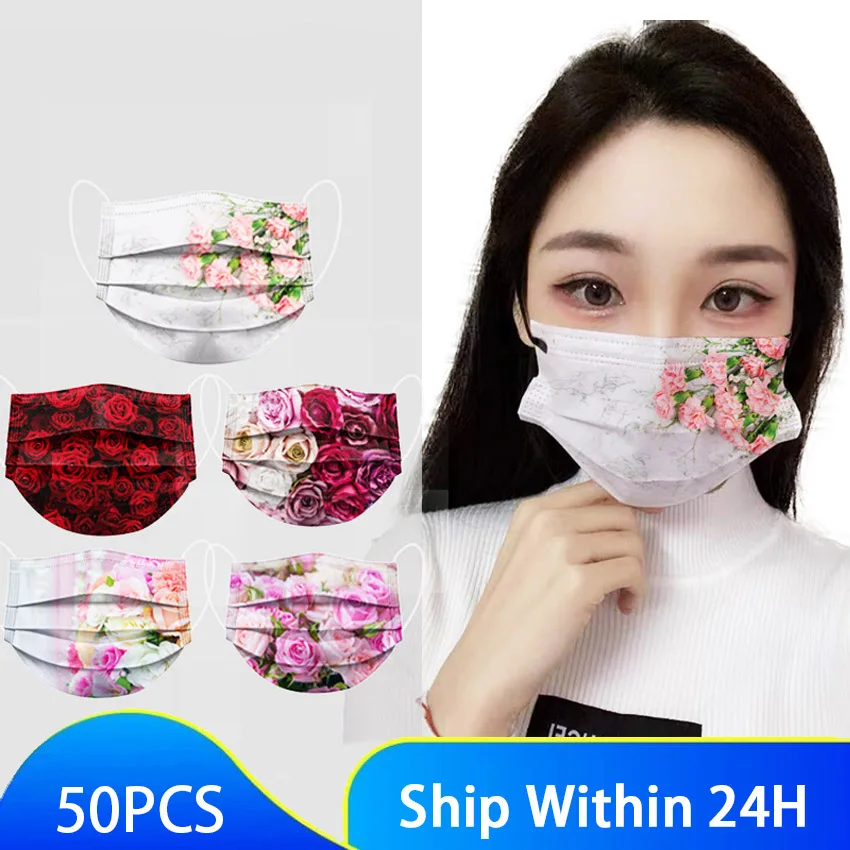 

50pcs Adults Mask Women Fashion Butterfly Flower Printed Disposable Face Mask masque Industrial 3Ply Ear Loop mascarillas