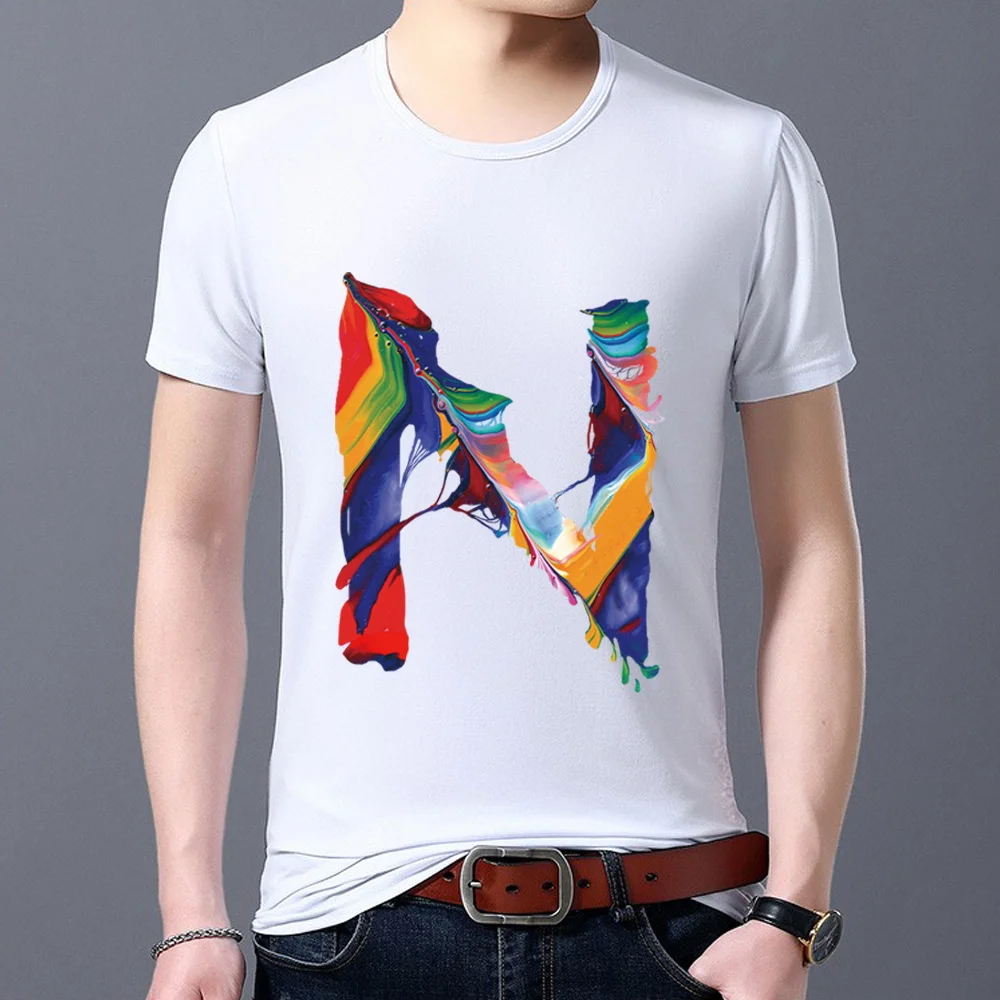 

White Simple Men's T-shirt Casual Basic All-match English Paint 26 English Letters Printed Floral Slim Round Neck Commuter Top