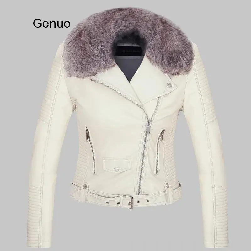 

Hot Fashion Women Winter Warm Faux Leather Jackets with Fur Collar Belt Lady Black Pink Motorcycle Biker Outerwear Coats