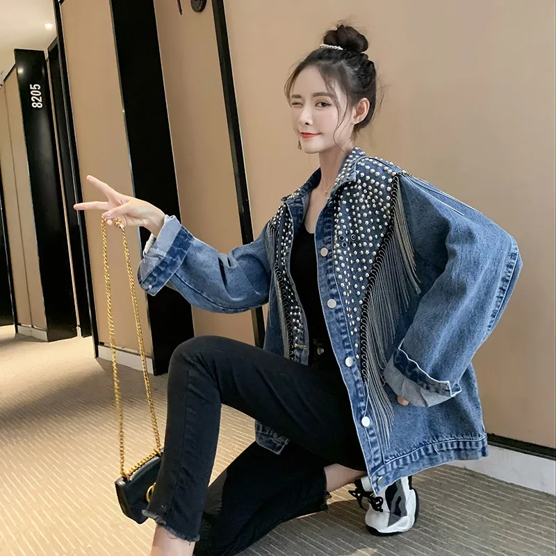 2024 neue Herbst Frauen Jeans jacke hand besetzte Niet Quaste Mantel weibliche Jeans Jacke lose schwarze Mäntel Outwear