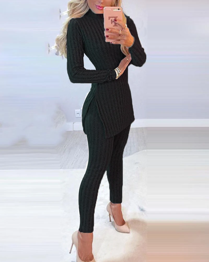 Fall Winter Knitted 2 Piece Suits Women Long Sleeve Ribbed Slit Long Top and High Waist Pencil Pants Set Fashion Outfit