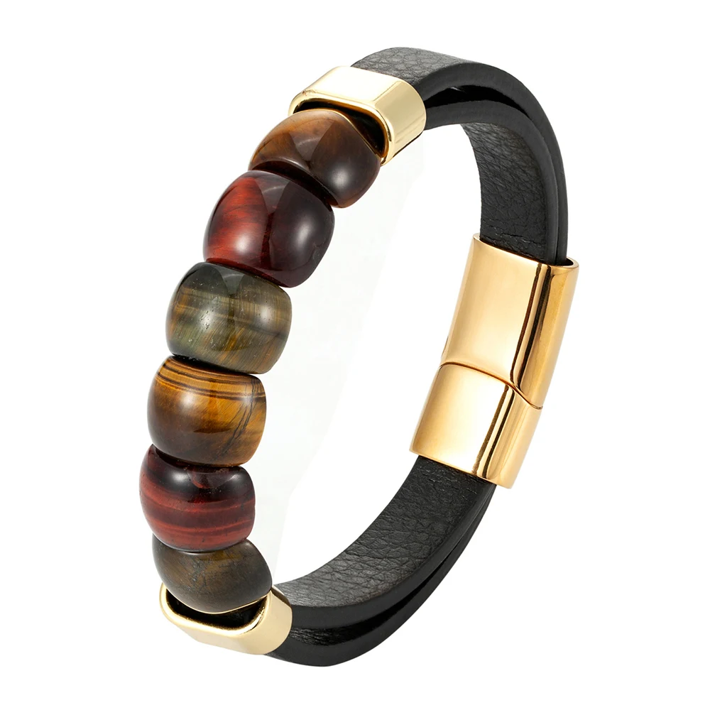 New Fashion Natural Stone Beaded Bracelet Men and Women\'s Leather Bracelet Handmade Jewelry Stainless Steel Bracelet Men\'s Gift
