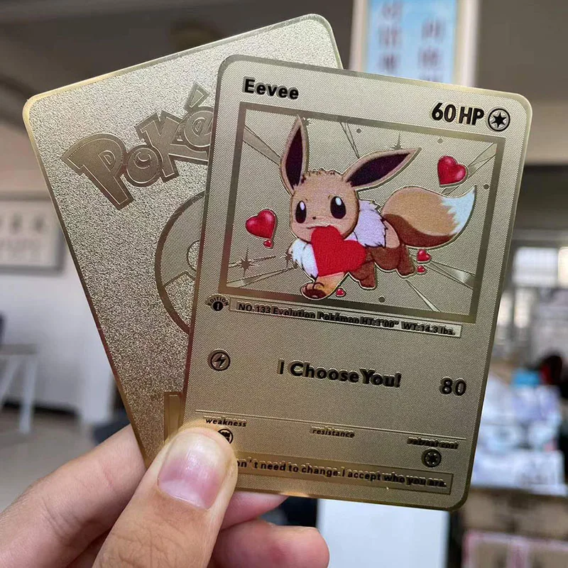 Cartoon Anime Pokemon Gold Card Pikachu Eevee 60Hp I Choose You Gold Metal Game Card Collection Collect Toys Gift for Children