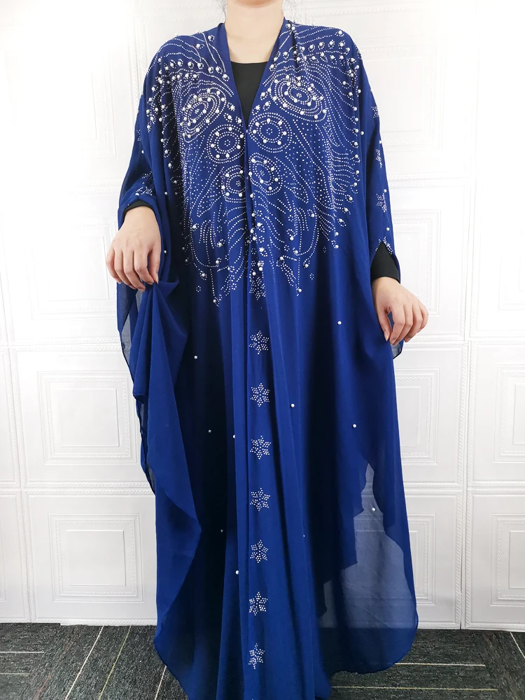 African Fashion Dresses for Women Abaya Turkey New 2022 Dubai Long Robe Islamic Muslim Chiffon Blue Clothing Loose DR-323