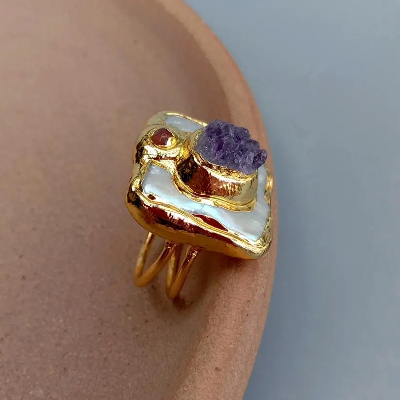 KKGEM 23mm Natural Purple Amethyst Druzy   Freshwater Cultured White Square Pearl Ring Adjustable