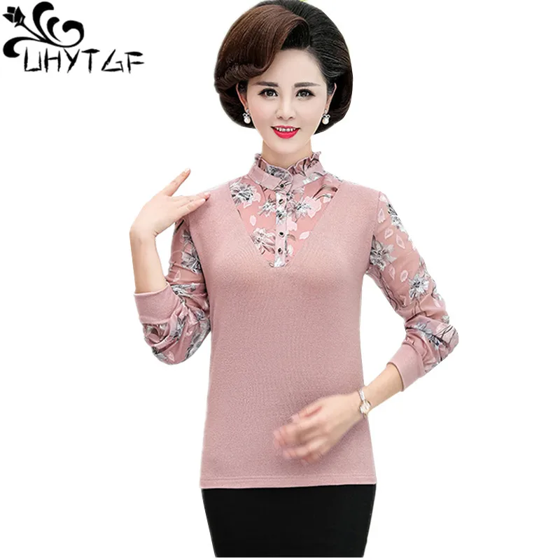 

UHYTGF 4XL Big Size Blouses Women's Fashion Print Stitching Spring Autumn Shirt Female Long-Sleeved Pullover Chiffon Tops 2147