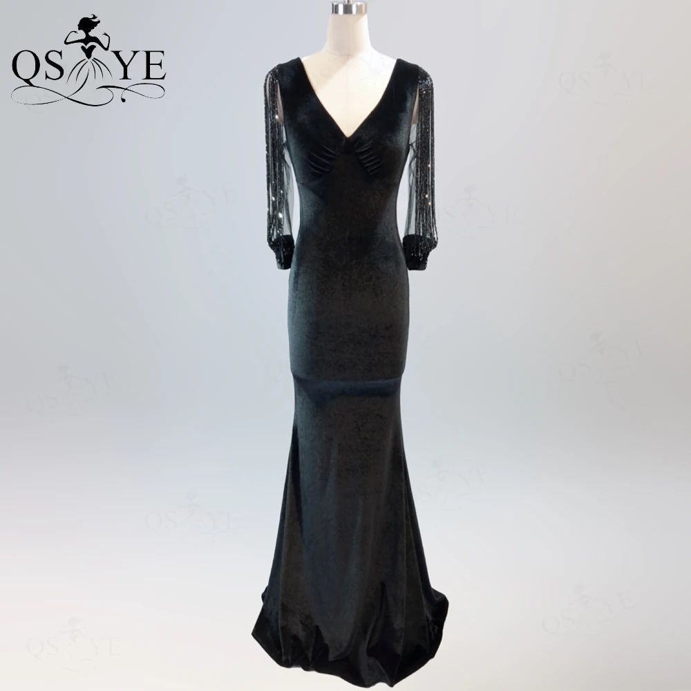 QSYYE-vestido de noche de terciopelo negro, Vestido largo de fiesta de sirena, mangas largas elásticas, vestido Formal con cuello en V, abalorios, moda, vestido de fiesta