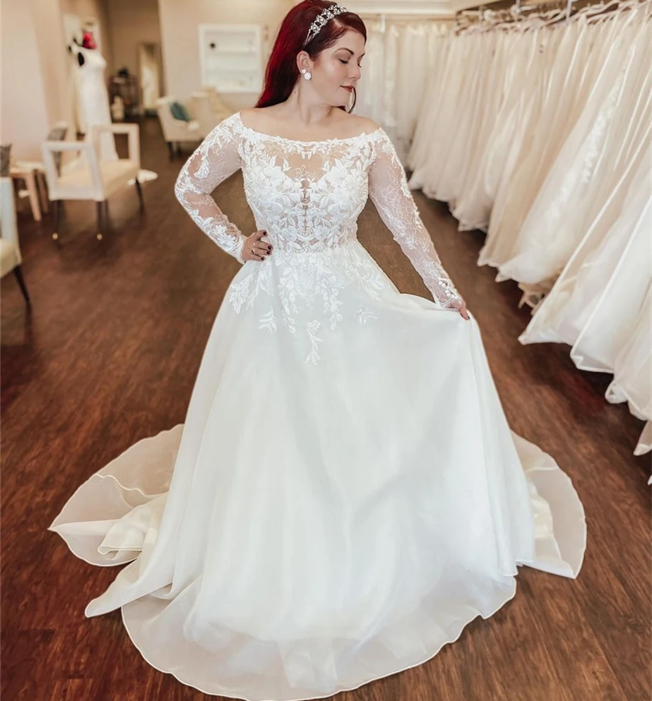 Wedding Dress A-Line O-Neck Full Sleeve Lace Appliques Sequined Button Floor Length Sweep Train Bride Gown New Customized