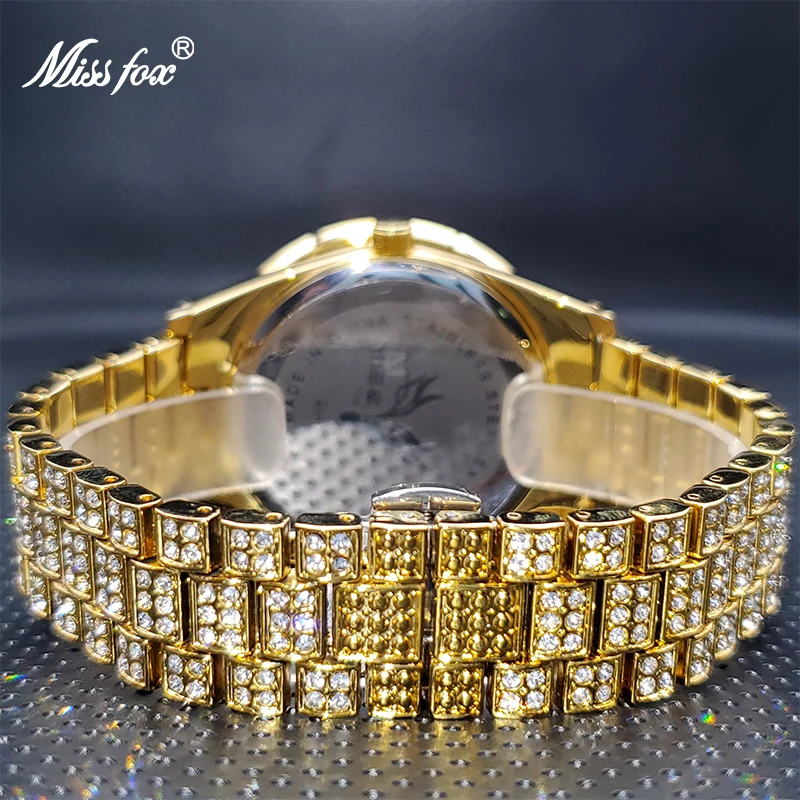 18K Gold RelojHombre MISSFOX Rainbow Bezel Ice Out Diamond Fashion Couple Watch Calendar Waterproof Quartz Watches Droshipping