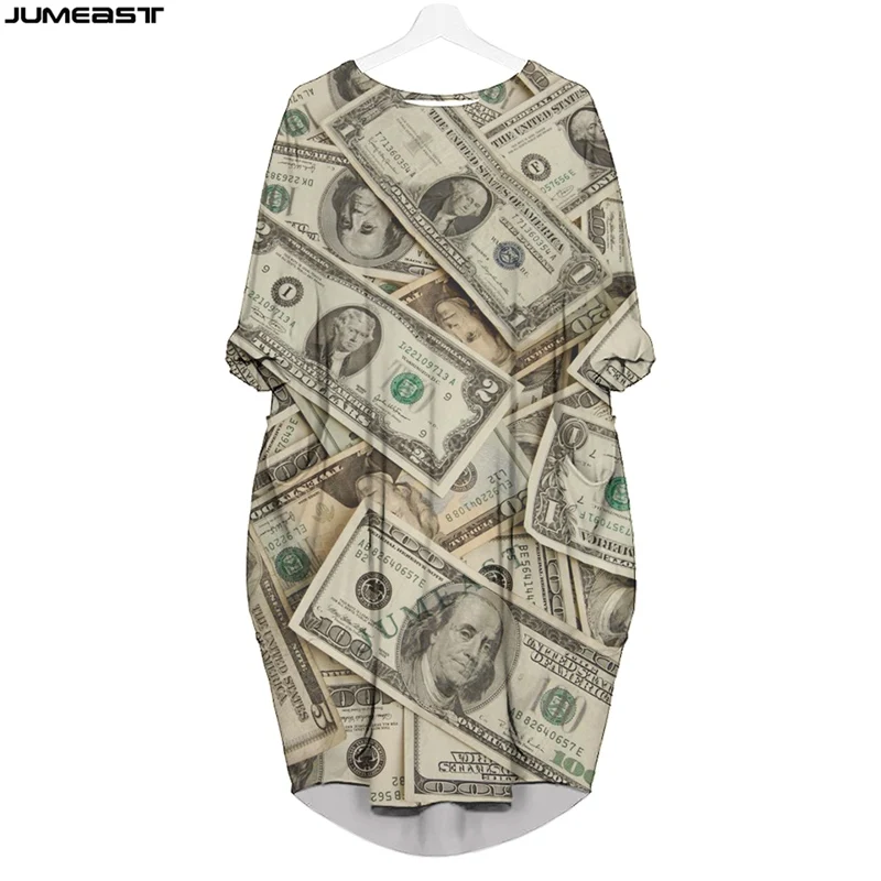 Jumeast Women 3D Batwing Pocket Dress Oversized Female Streetwear Money Dollar Banknote Pullover Dresses Summer Skirt Nightdress