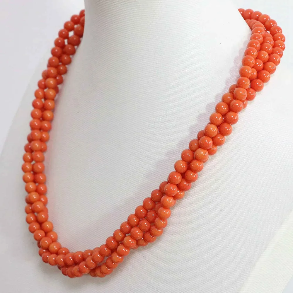 Romantic pink orange artificial coral 3 rows fashion design 6mm necklace round beads charms gift jewelry 18inch B1451