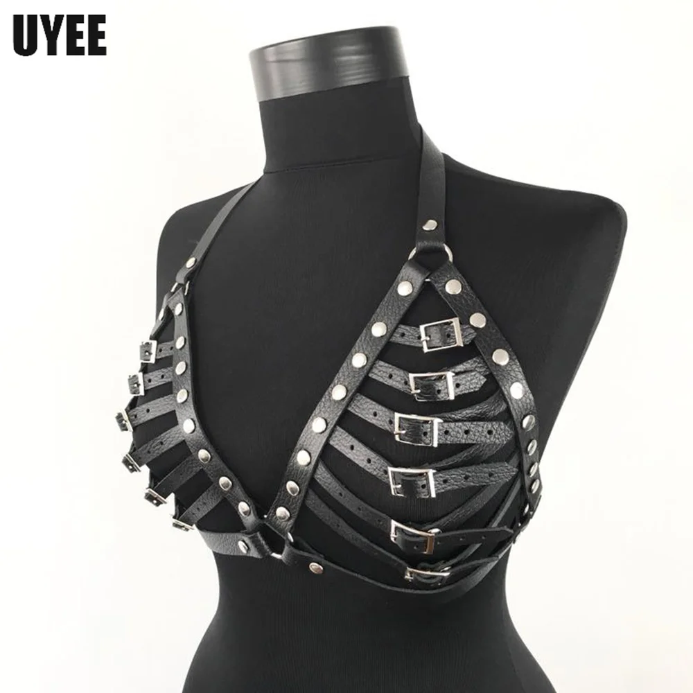 UYEE PU Leather Harness Bra Cage Strap Women Erotic Lingerie Harajuku Body Bondage Belt Chest Harness Sexy Underwear Suspenders