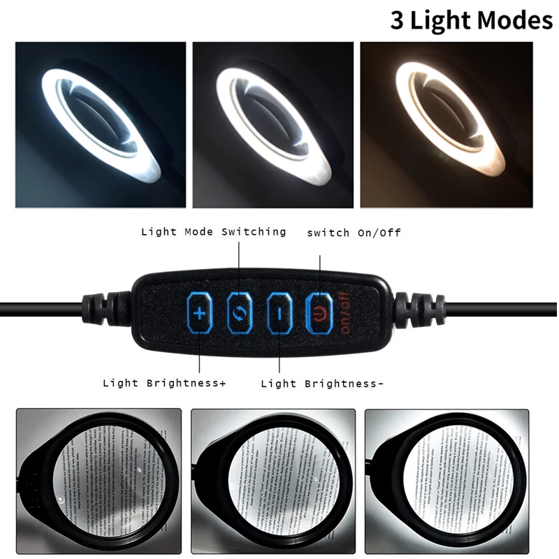 Foldable Professional 10X Magnifying Glass Desk Lamp Magnifier LED Light Reading Lamp with Three Dimming Modes USB Power Supply