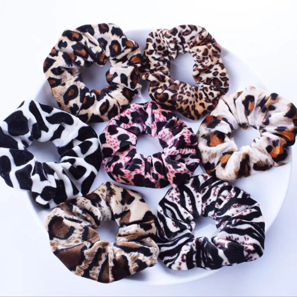 1 Piece Leopard Gold Velvet Hair Scrunchie Floral Grip Loop Holder Stretchy Hair Band Hair Ties Women And Girl Accessories