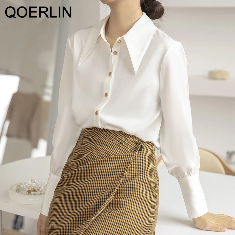 QOERLIN OL Stylish Satin White Shirt Elegant Formal Blouse Luxury Women Shirts Buttons Cuff Long Sleeve Office Tops Black Blouse