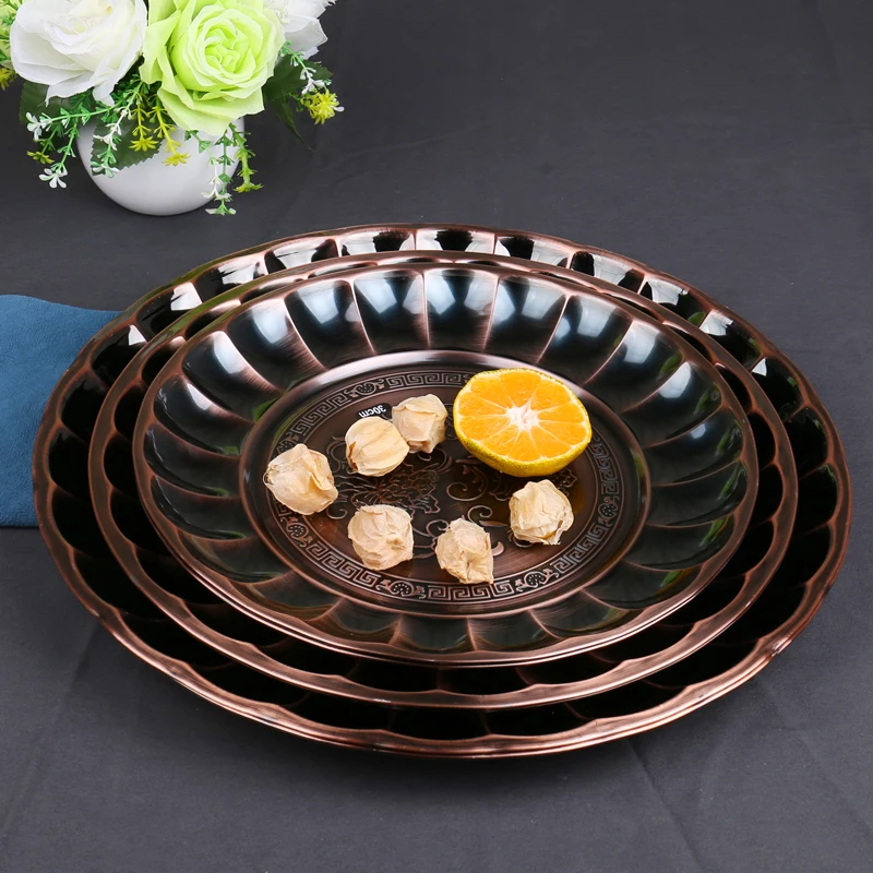 

Thick handmade stainless steel tray fruit plate base charcoal desktop anti hot soup pot dish hollowware cookware saucer salver