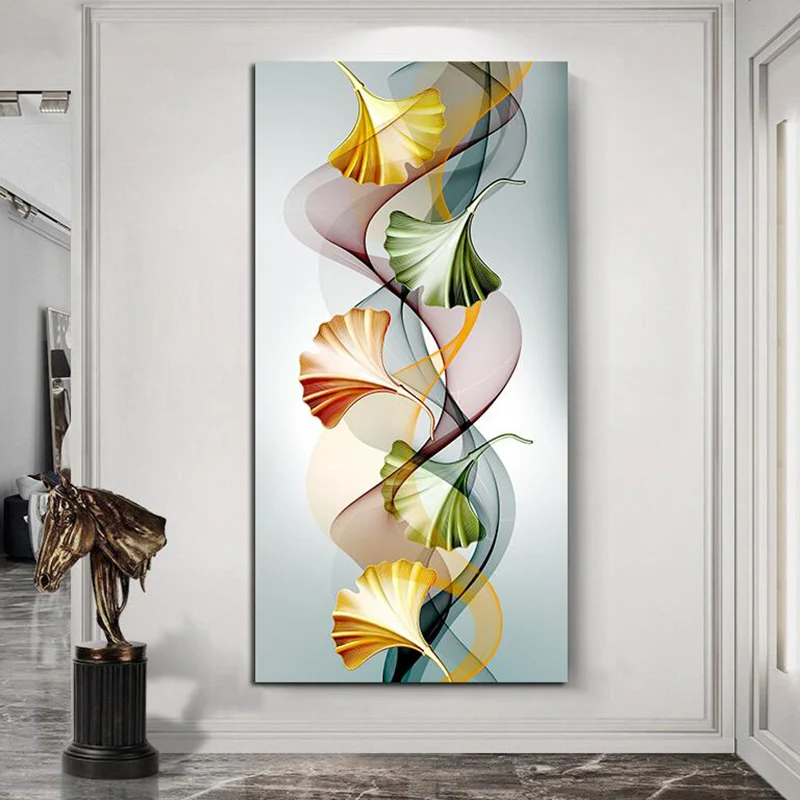 Modern Luxury Home Decor Canvas Painting, Golden Ginkgo Biloba Leaves Feather Abstract Art Pictures Print Entrance Decorations