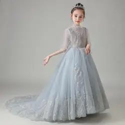 Elegant Kids Girls Embroidery Tutu Princess Dress For Wedding Party Evening Gown Gray Tulle Pageant First Communion Vestidos