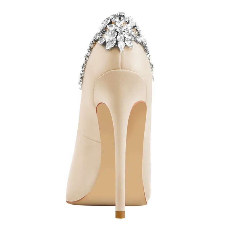 Onlymaker Women 12CM Pointed Toe Fashion Thin Heels White Bride  Artificial Diamond Big Size Wedding Woman Pumps