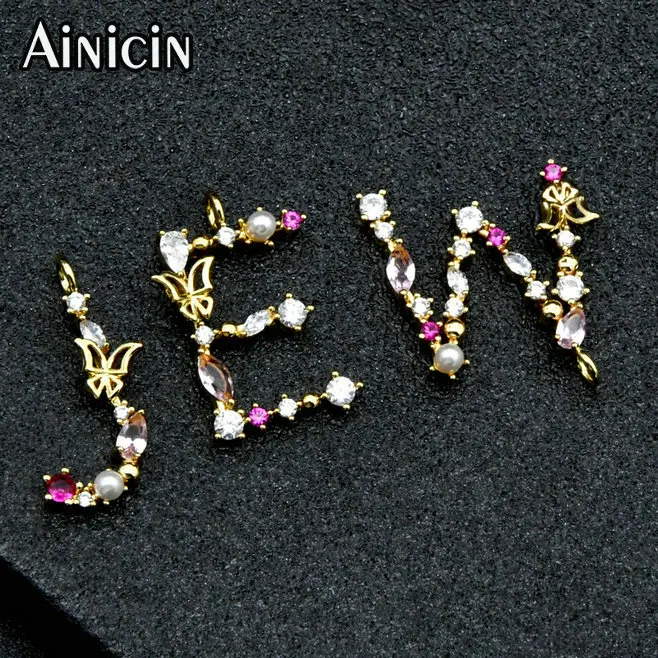 High Quality 26 Initial Letters Alphabet Red CZ Setting Butterfly Decoration Pendants For DIY Jewelry Making