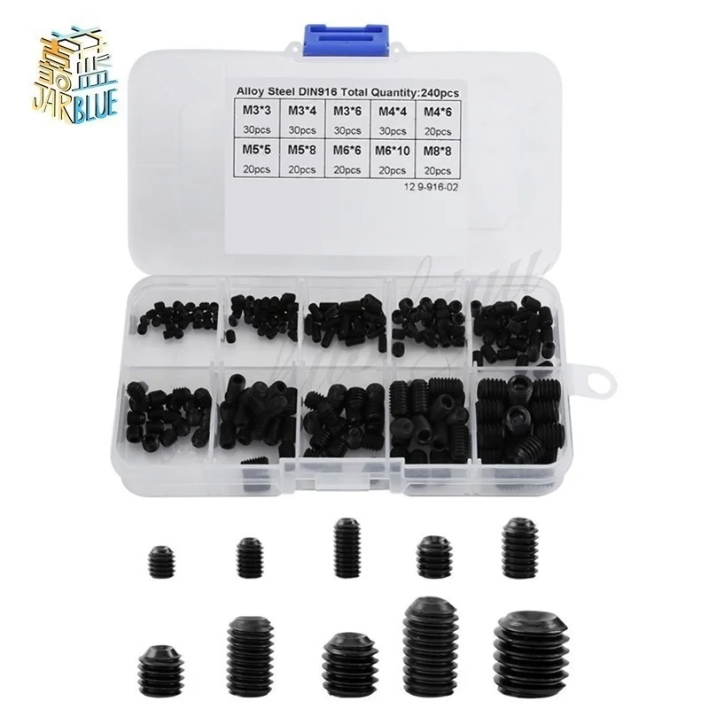 

240Pcs/set M3 M4 M5 M6 M8 DIN916 12.9 Hexagonal Hexagonal Steel Allen Grub Point Screw Bolts Assortment Kit