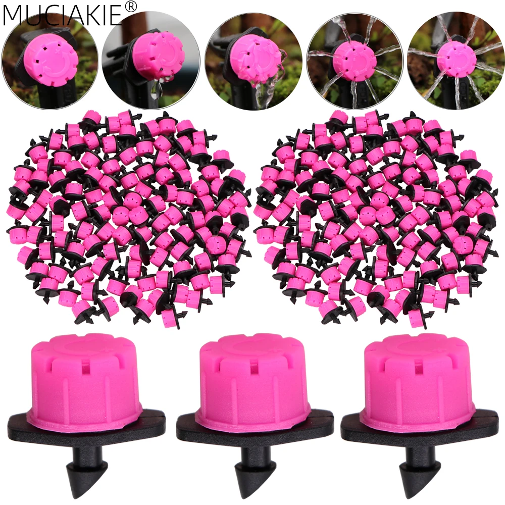 

MUCIAKIE 30-1000PCS Pink Adjustable Watering Emitters Garden Irrigation 8-Holes Sprinklers 1/4'' Barb Nozzles Greenhouse Spray