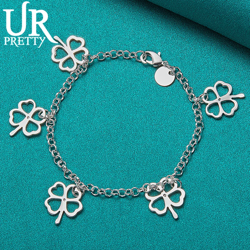 

URPRETTY 925 Sterling Silver Hollow Four Leaf Clover Chain Bracelet For Women Party Wedding Engagement Charm Jewelry