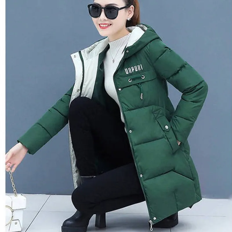 Winter Cotton Women\'s Down Jacket Hooded Long Sleeve Cardigan Zipper Plus Size Loose Solid Thick Fashion Office Lady Down Jacket