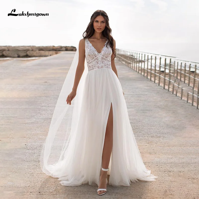 Lakshmigown High Slit A Line Wedding Dresses 2024 V Neck Backless Lace Appliques Boho Beach Tulle Bridal Gown vestido de novia