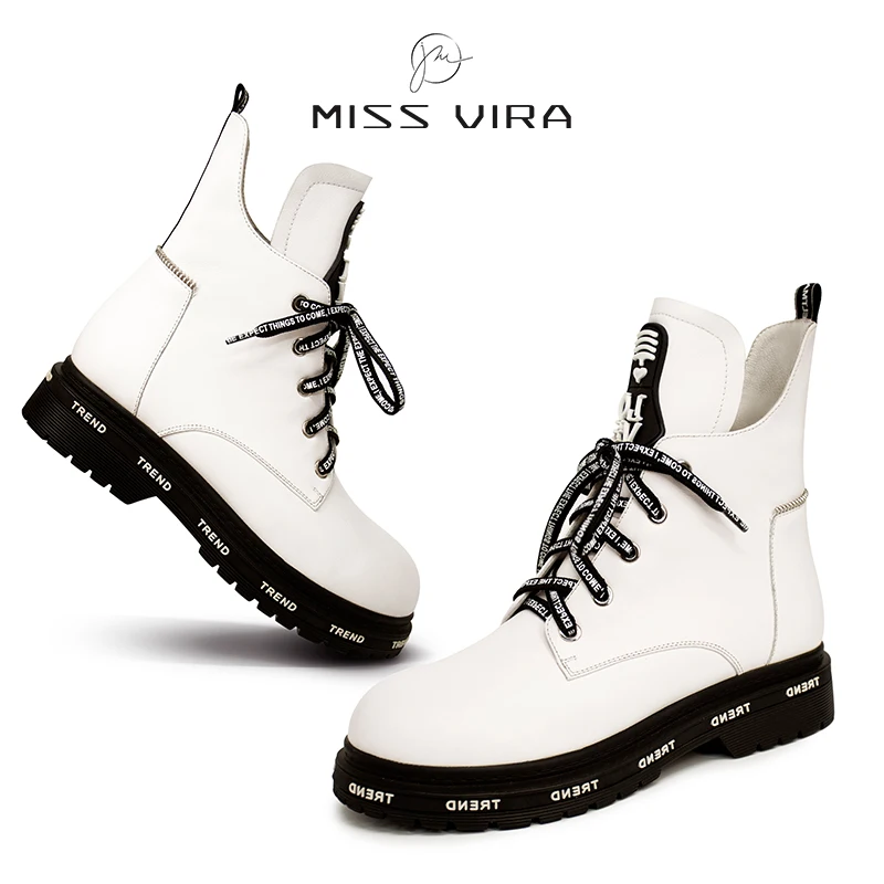 

MISS VIRA Flat Ankle Boots For Women Genuine Leather Fashion White Platform Boots New Retro Martin Boots Ladies Shoes