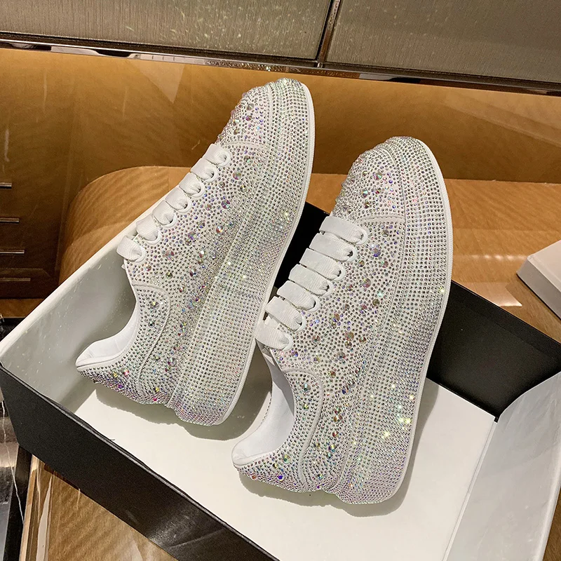 Baskets de Luxe à Plateforme pour Femme, Chaussures Décontractées, Strass, à la Mode