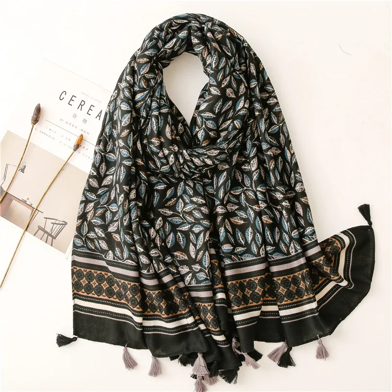 Fashion Winter Scarf For Women Hijabs Retro Green Leaf Floral Viscose Tassel Scarf Luxury Brand Wraps Female Scarves And Shawls