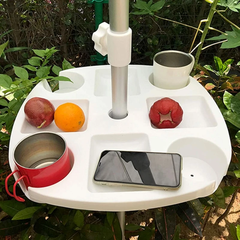 Plastic Beach Umbrella Table Tray with Hanging Hook, White Cup Holder, Compartments, Beach Patio Garden