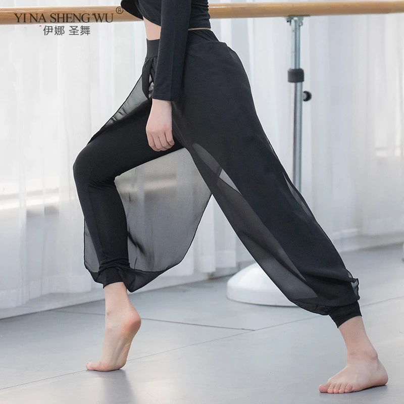 Dance Pants Woman Belly Dance Costume Chiffon Bloom Harem Pants 3 Sizes Loose Practice Ballroom Trousers Black White Pants