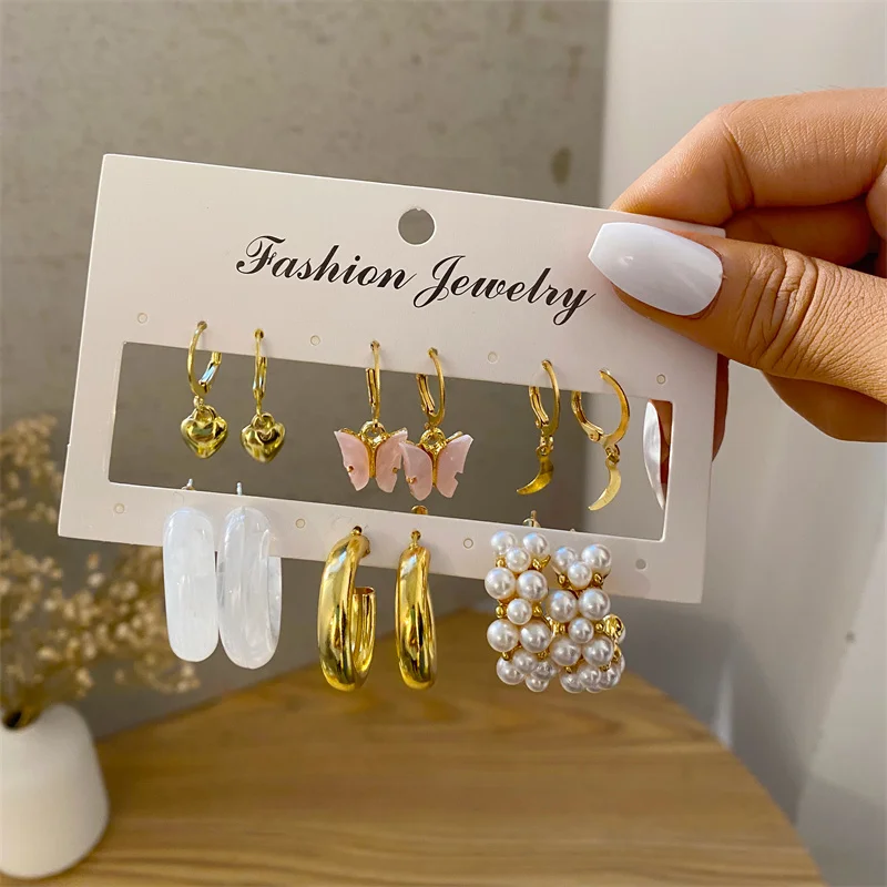 Trendy Earring Set 9 Pairs For Women Girls Y2K Resin Butterfly Heart Pearl Dangle Elegant Wedding Party Bohemian Jewelry